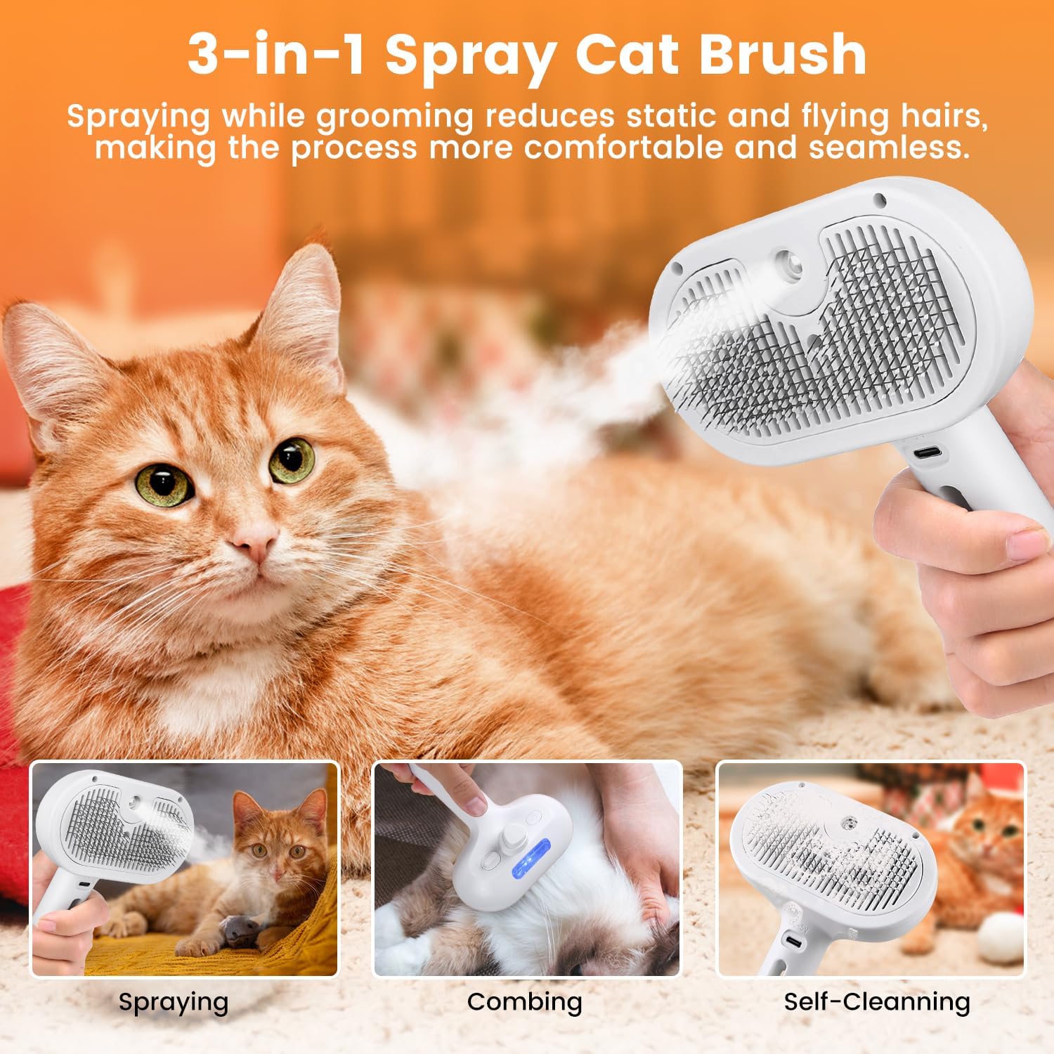 3 In 1 Cat Steam Brush, Pet Steam Brush For Cat Dog Long Short Haired, Pet Spray Hair Removal Comb For Small Animals Shedding & Grooming, Water Mist Spray Brushes With Release Button PawLuxe Vault